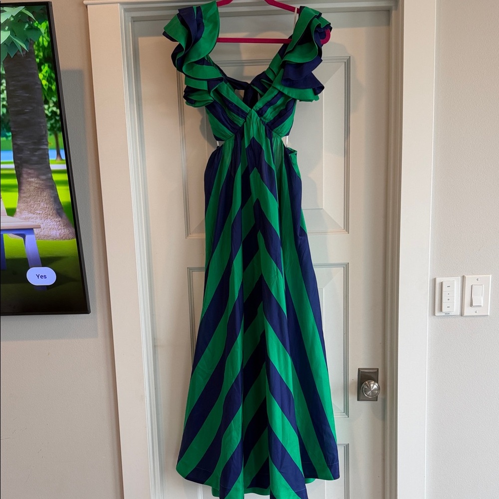 Zimmerman sz 1 Green and Navy Chevron Ruffle Maxi Dress
